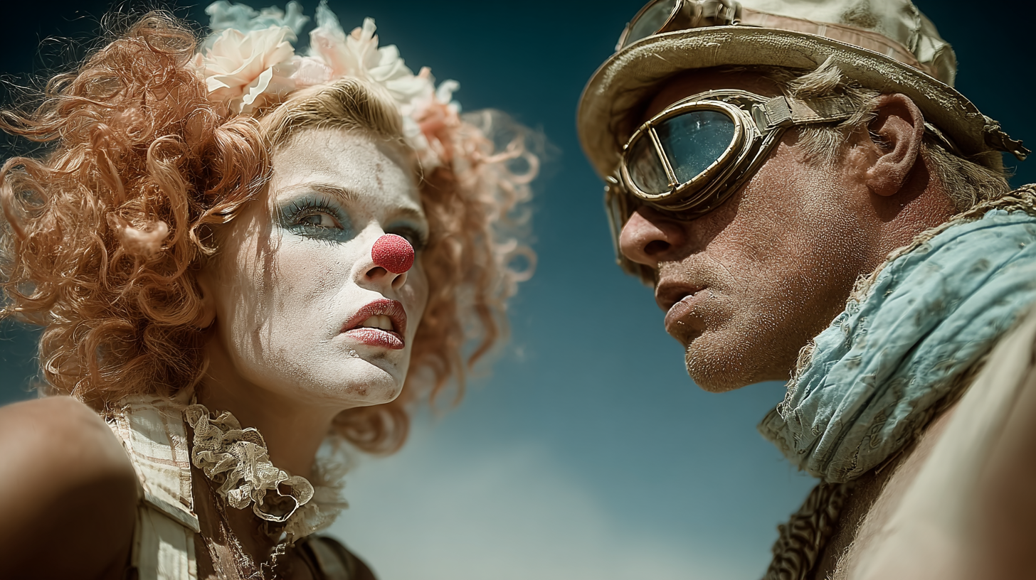 Two performers in carnival make-up and goggles, dramatic side lighting