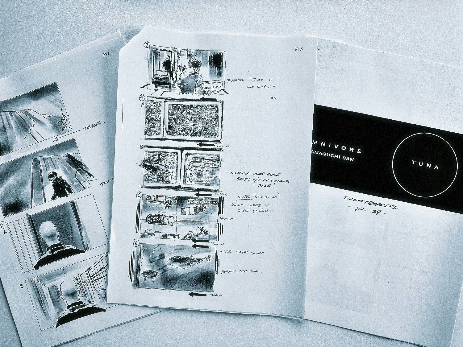 Hand-drawn storyboard panels and director's notes for a Wise Media project