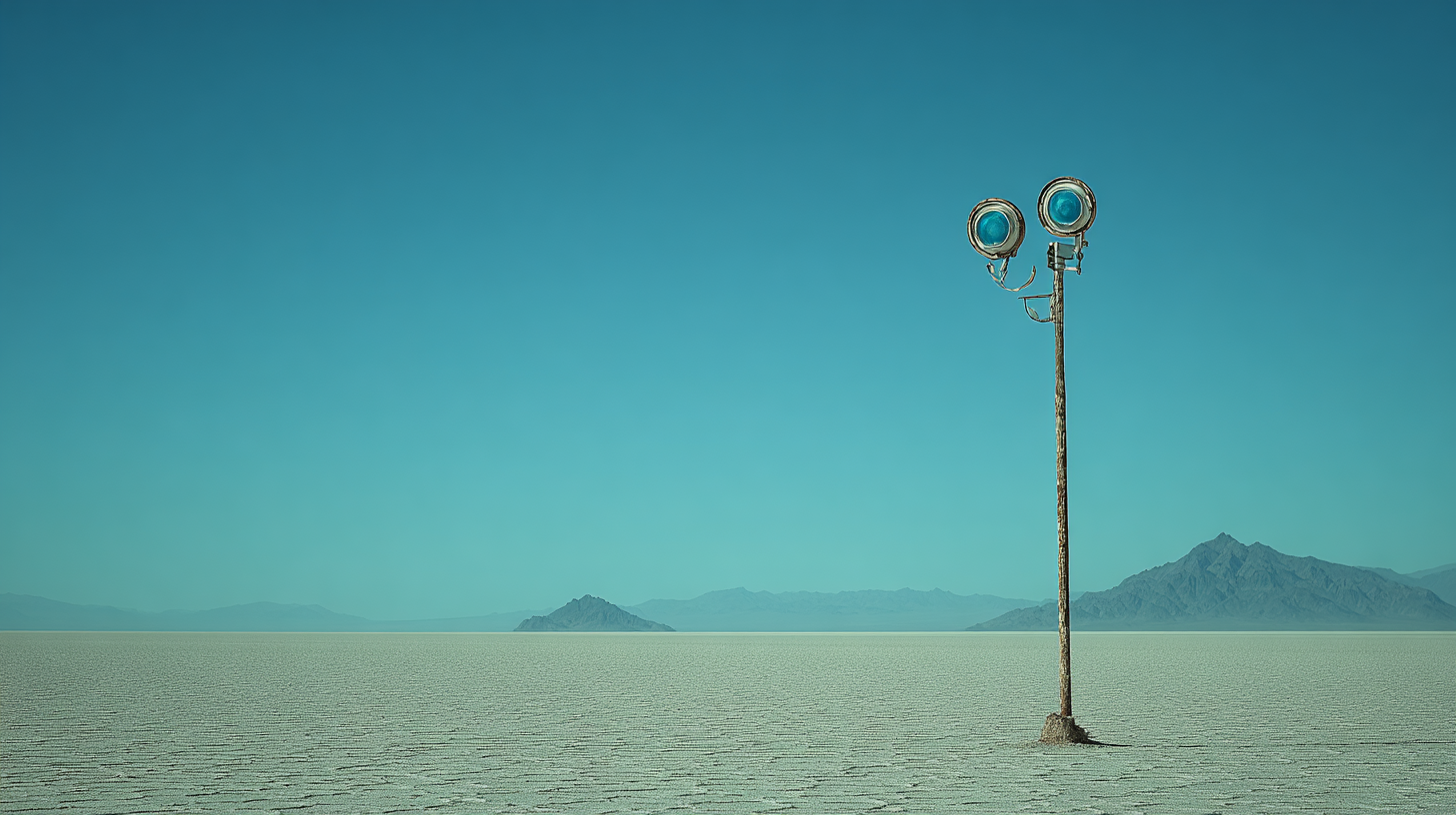 Lone figure on a salt flat with distant mountains, landscape still from a Wise Media short