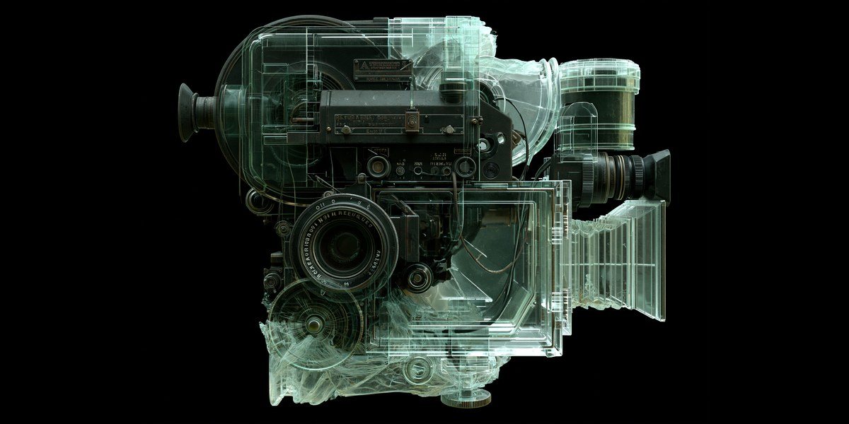 Glass and metal cine camera on black, concept still