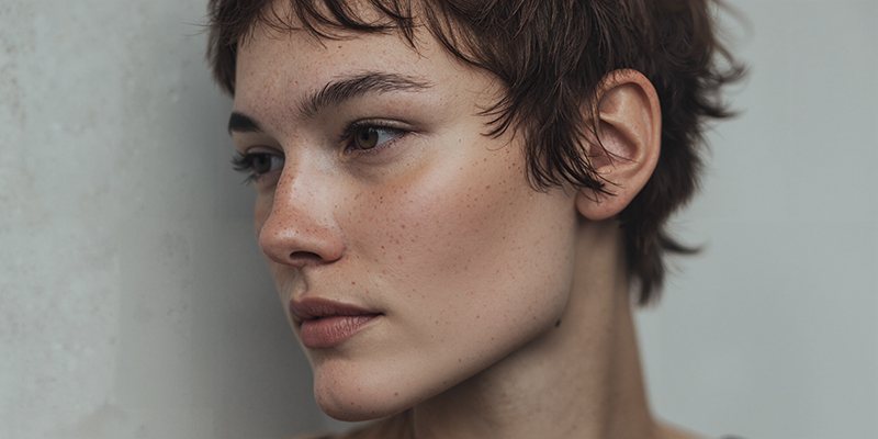 Close-up portrait of a young woman with short cropped hair, film still